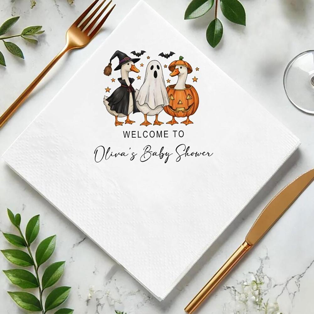 Custom Halloween Baby Shower Napkin Spooky Duck Party Napkin A Little Boo Is Almost Due Birthday Cocktail Luncheon Dinner