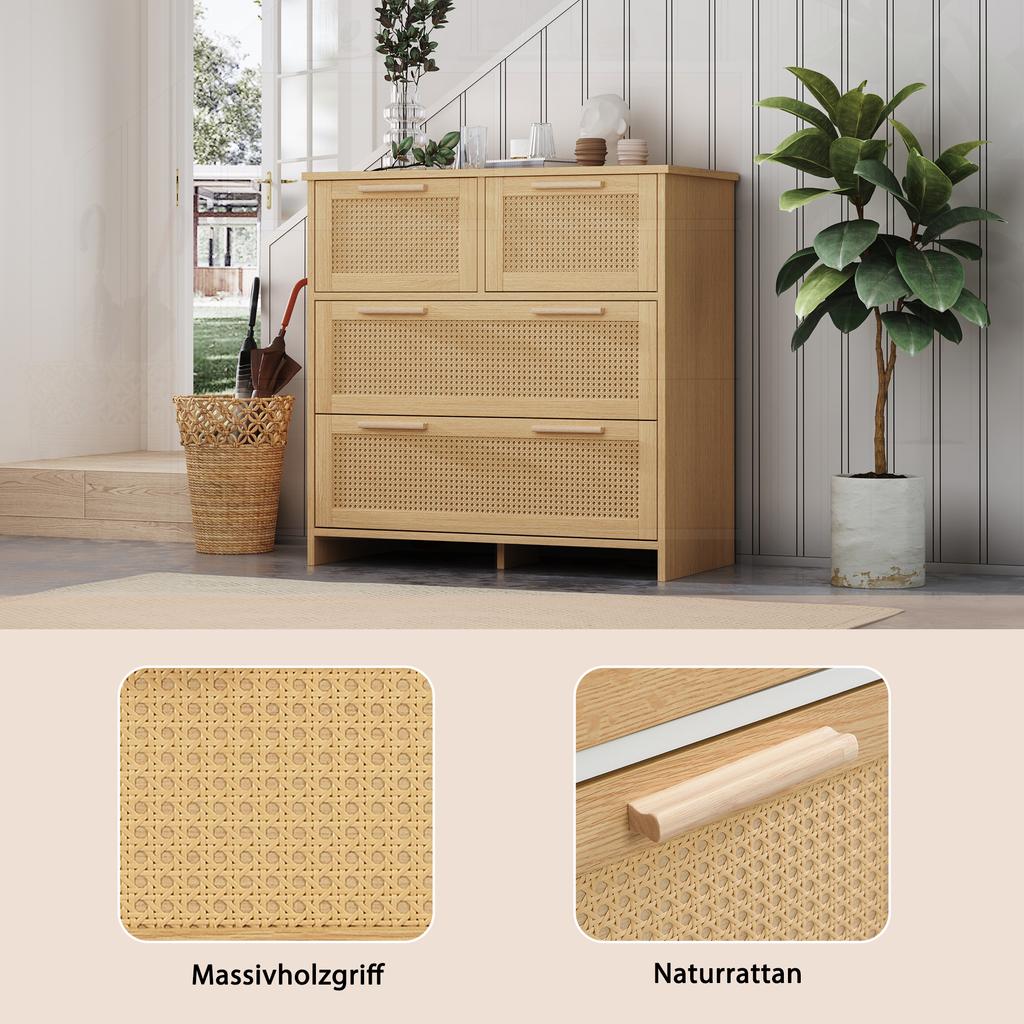 Hochwertiger Rattan-Schrank mit 4 Schubladen und Griffen aus Massivholz - Geeignet für Schlafzimmer, Wohnzimmer, Esszimmer, Flur - Maße: B80/H80/T38 cm