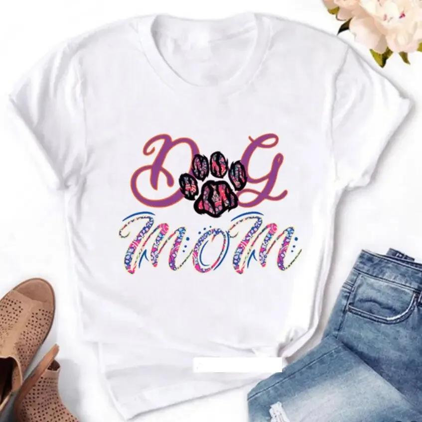 Women's Large Size Short Sleeve Crewneck T-Shirt Cartoon Hand-Painted Dog Paw Print Warm Polyester Fabric Summer Fashion