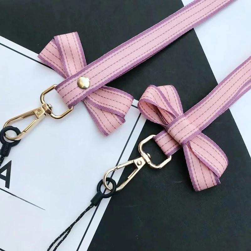 Chic Casual Striped Bow Girl Mobile Phone Lanyard Portable Mini Fan Camera Key Neck Strap Office Work ID Card Holder Rope