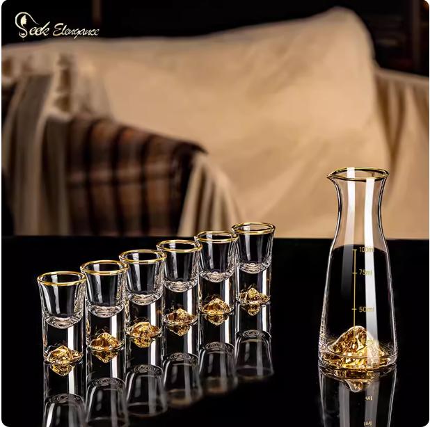 Gold Foil Golden Rockery Wine Glass Set Wine Divider 100ml Wine Jug Set Metal Storage Rack Transparent Gold Mountain