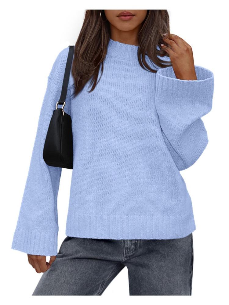 

Осень Зима Повседневный Свитер Вязаный с Круглым Вырезом Свободного Кроя Однотонный с Длинными Рукавами-Колокольчиками для Женщин Роскошный Топ с Расслабленной Посадкой, Стройнящий и Универсальный XL светло-синий