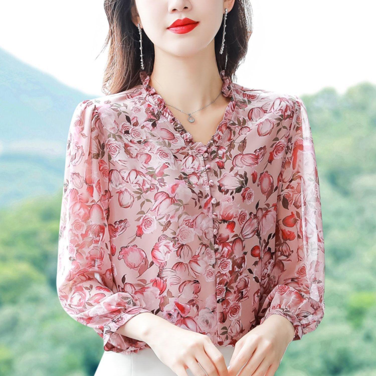 

Женская шифоновая рубашка с цветочным принтом, летняя свободная повседневная и модная женская рубашка с рукавом девять дюймов L