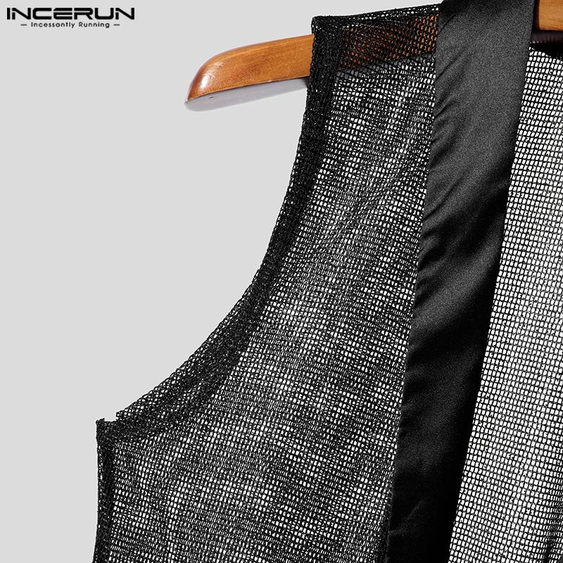 INCERUN Men Deep V Neck Sleeveless Stitching Mesh Sheer See Through Party Tank Tops