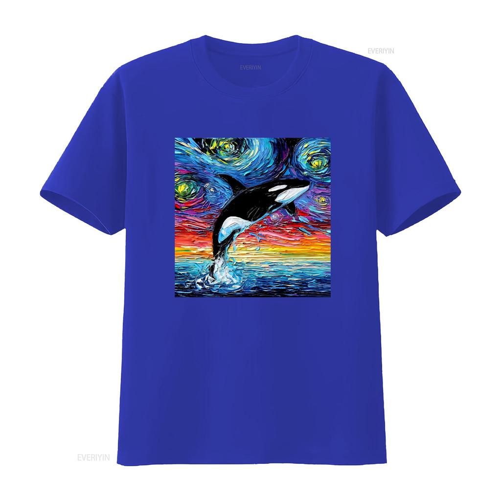 Vibrant Orca Killer Whale Starry Night Ocean Art T Shirt Vintage Washed Streetwear Stretched Casual Versatile