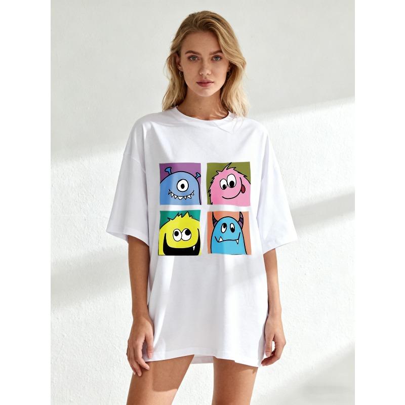 Oversized T Shirt Black Cartoon Monsters Print For Casual Wear And Everyday Style