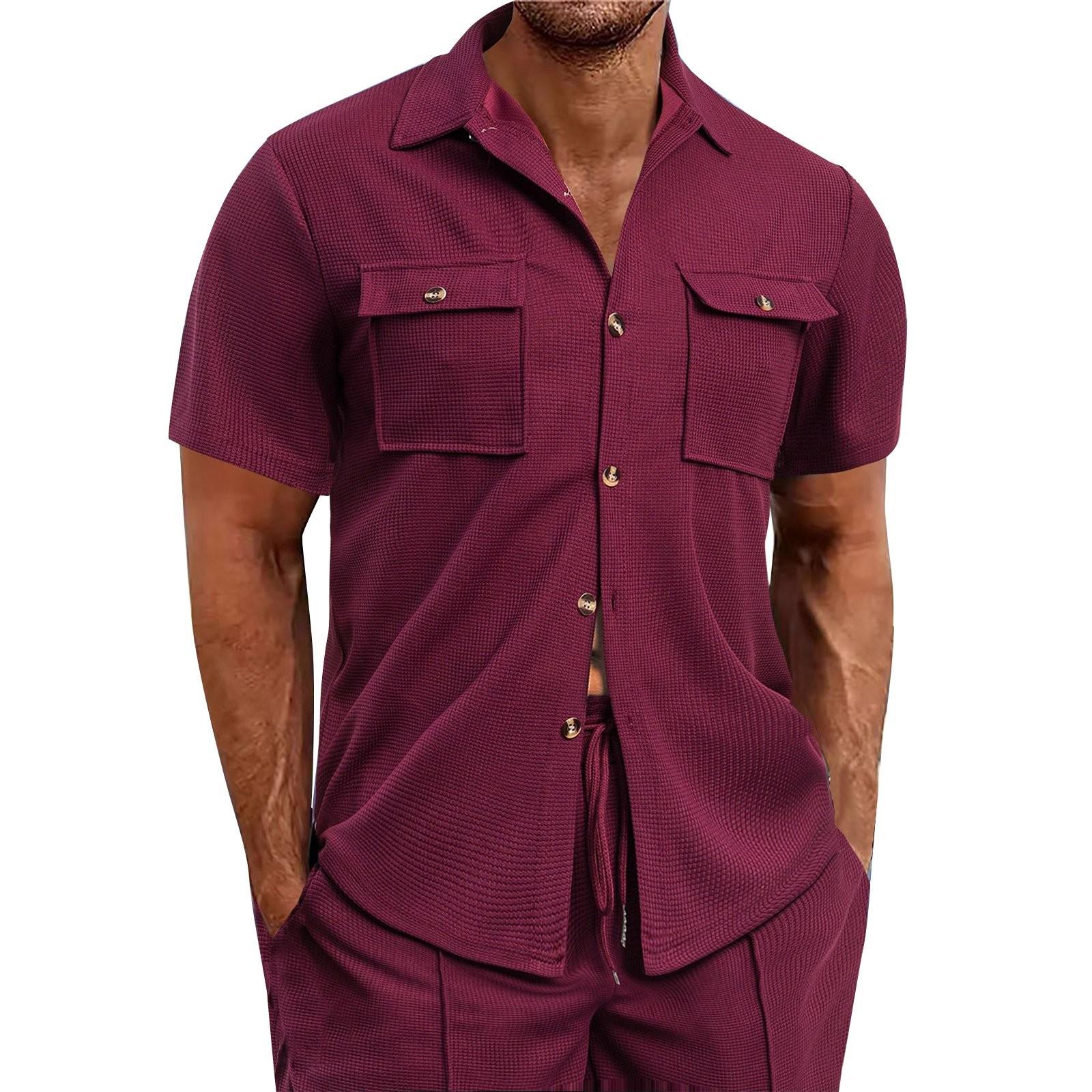 

Мужская повседневная деловая рубашка однотонного цвета с коротким рукавом и двойными карманами, мужская рубашка с воротником-лацканами и застежкой на пуговицы L винный