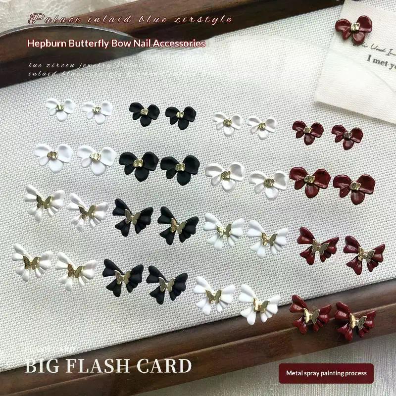 10Pcs Bowknot Nail Charms Metal Wine Red Black White Nail Rhinestone High Quality Stereoscopic Nail Decoration