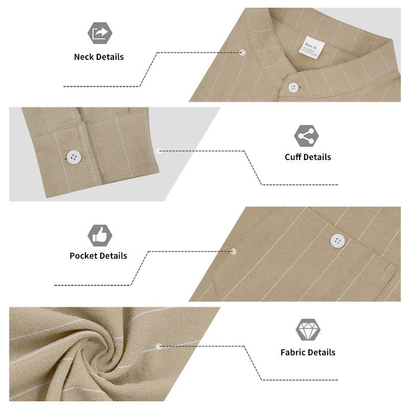 Men's Linen Stand-Up Collar Striped Shirt Spring and Autumn Casual Commuter Trend Slim-Fit Long Sleeve Shirt