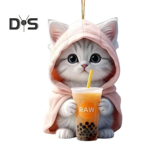 Car Hanging Pendant 2D Kitty In Hoodie Holding Milk Tea Figurine Lightweight School Bag Shoulder Bag Pendant with Beaded Chain Holiday Gift