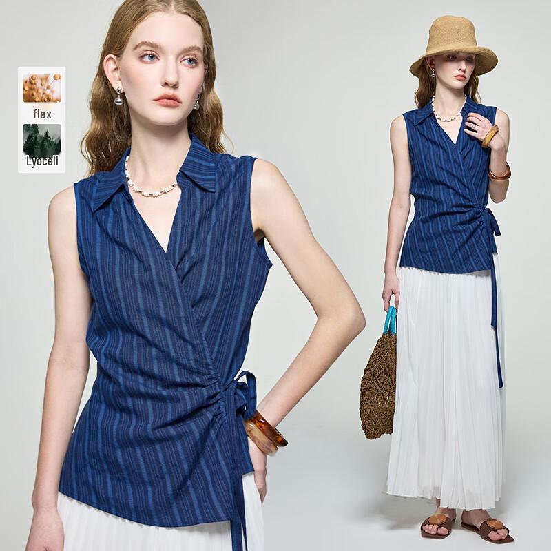 Women s Tencel-Linen Pleated Tie-Front Sleeveless Blouse L