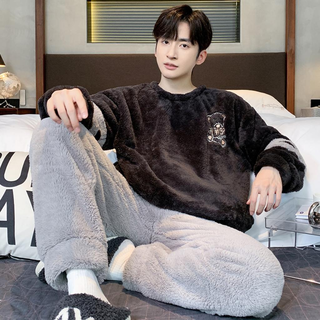 Winter, Coral Fleece, Pajamas, Men's Clothing, Thickened Fleece, Round Neck, Long Sleeved Pants, Suits, Home Clothes