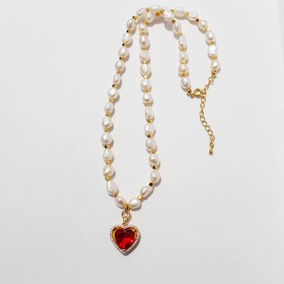 Français Vintage Vintage Vintage Vintage élégant perle d'eau douce rouge amour collier pêche coeur Zircon marée