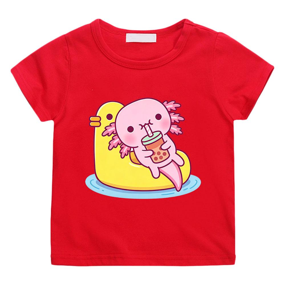 Cute Pink Axolotl Children's T-shirt Cartoon Print 100 %Cotton Tees Round Neck Boys Girls Short Sleeve Casual Kids Top Summer