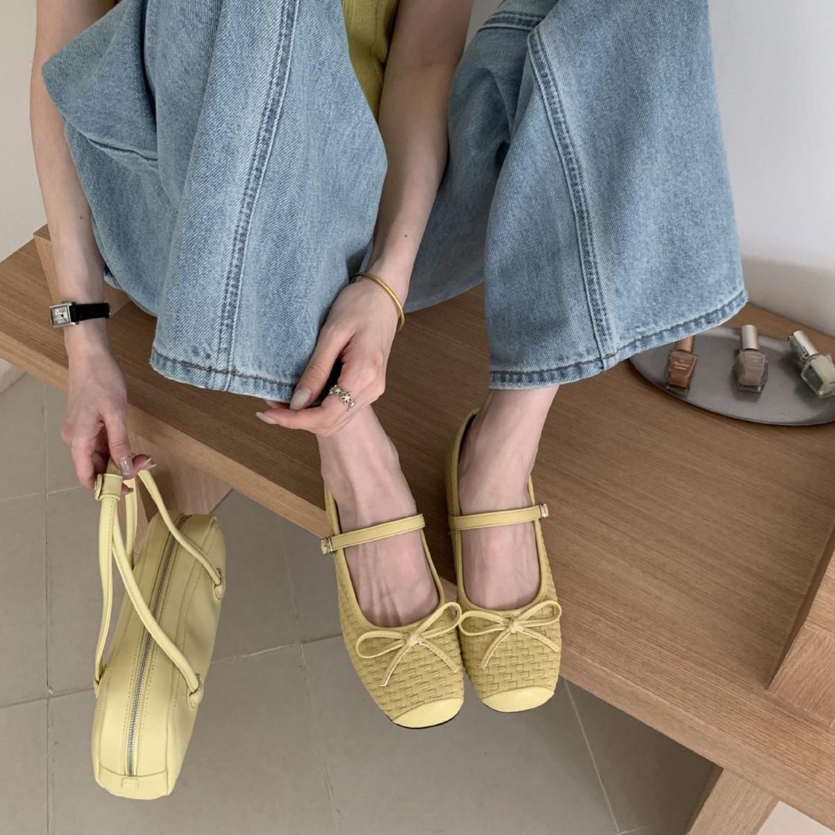 

Evening Wind French Stunning Flat-Soled Single Shoes Female Summer Soft Leather Gentle Fairy Bow Mary Jane Shoes 39