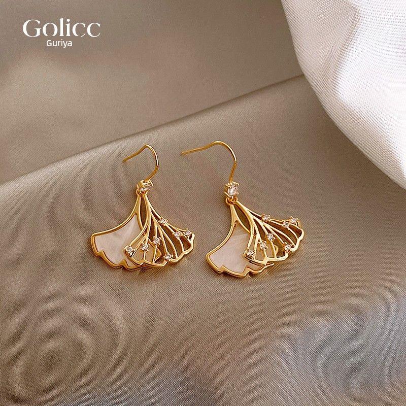 

Women s Korean Fan-Shaped Elegant Fancy Special Interest Earrings Golden Double Maple Leaf