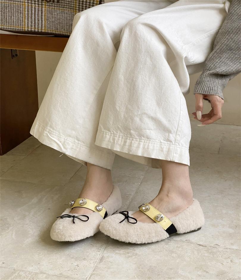 Bow-tie Mao Mao Shoes Ins European and American One-word Buckle with Round Head Ballet Shoes Gentle Wind Shallow Mouth Flat-soled Single Shoes Women