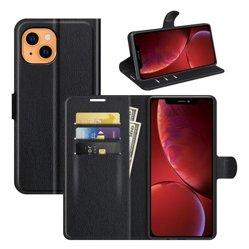 For iPhone 13 Case Litchi Texture Shockproof Leather Wallet Phone Cover - Black