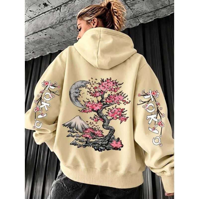 Japanese Tokyo Cherry Blossom Fuji Mountain Print Women Hoodie Loose Korean Autumn Clothes Fleece Pocket Sportswear