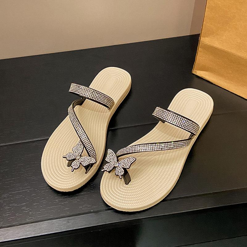 Schleifenslipper Damen Sommerbekleidung Flash-Diamant vielseitig flacher Boden rutschfest verschleißfest Schulmädchen-Mode Strandsandalen