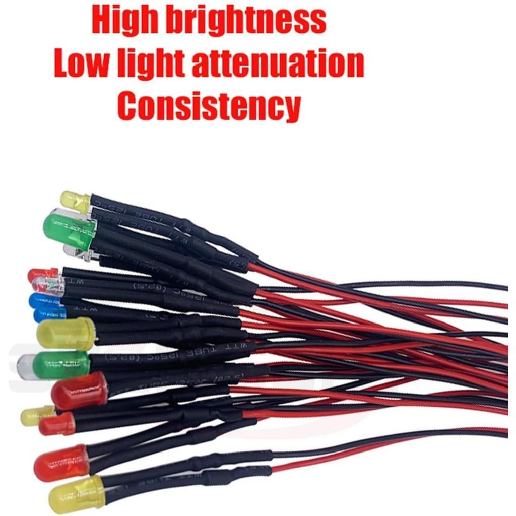 50PCS 12V 3mm LED Lights Emitting Diodes Pre Wired Micro Led Lights Diodes Diffused Colored Lens for Model Assortment Kit