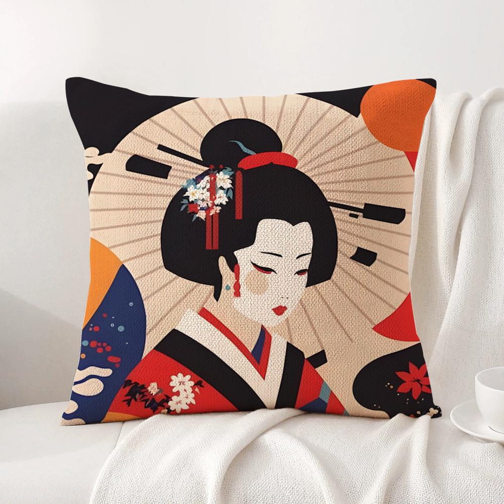 Classic Retro Japanese Lady Cushion Cover Natural Linen Organic Fabric DoubleSided Printing Sofa Home Decor Breathable