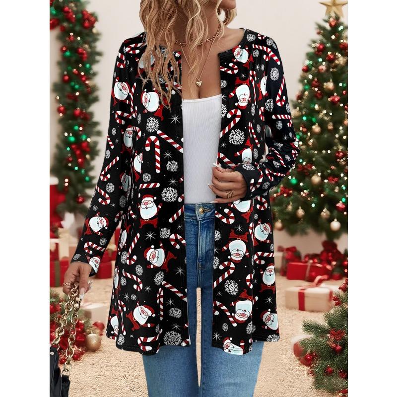 

Women s Cute Christmas Santa Cane Print Cardigan, Long Sleeve Casual Holiday Outerwear,fashion christmas clothes ,leisure christmas outfit S чёрный