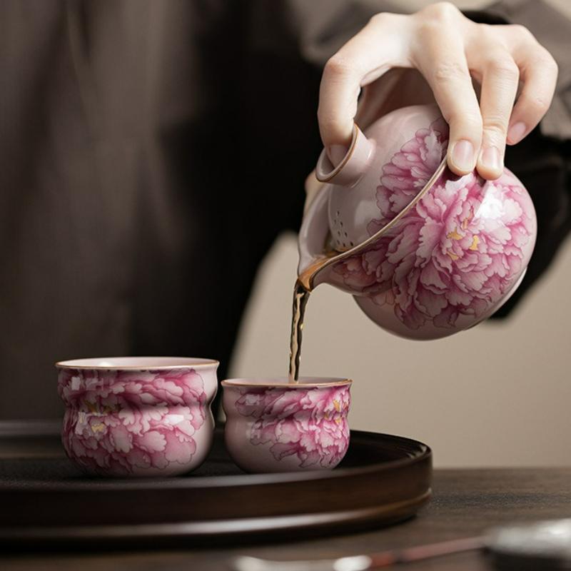 Handmade Pink Ru Kiln Tea Set Portable Ceramic Kung Fu Teacup Teapot Teaware Outdoor Travel Teaset Accessories Decoration Gift