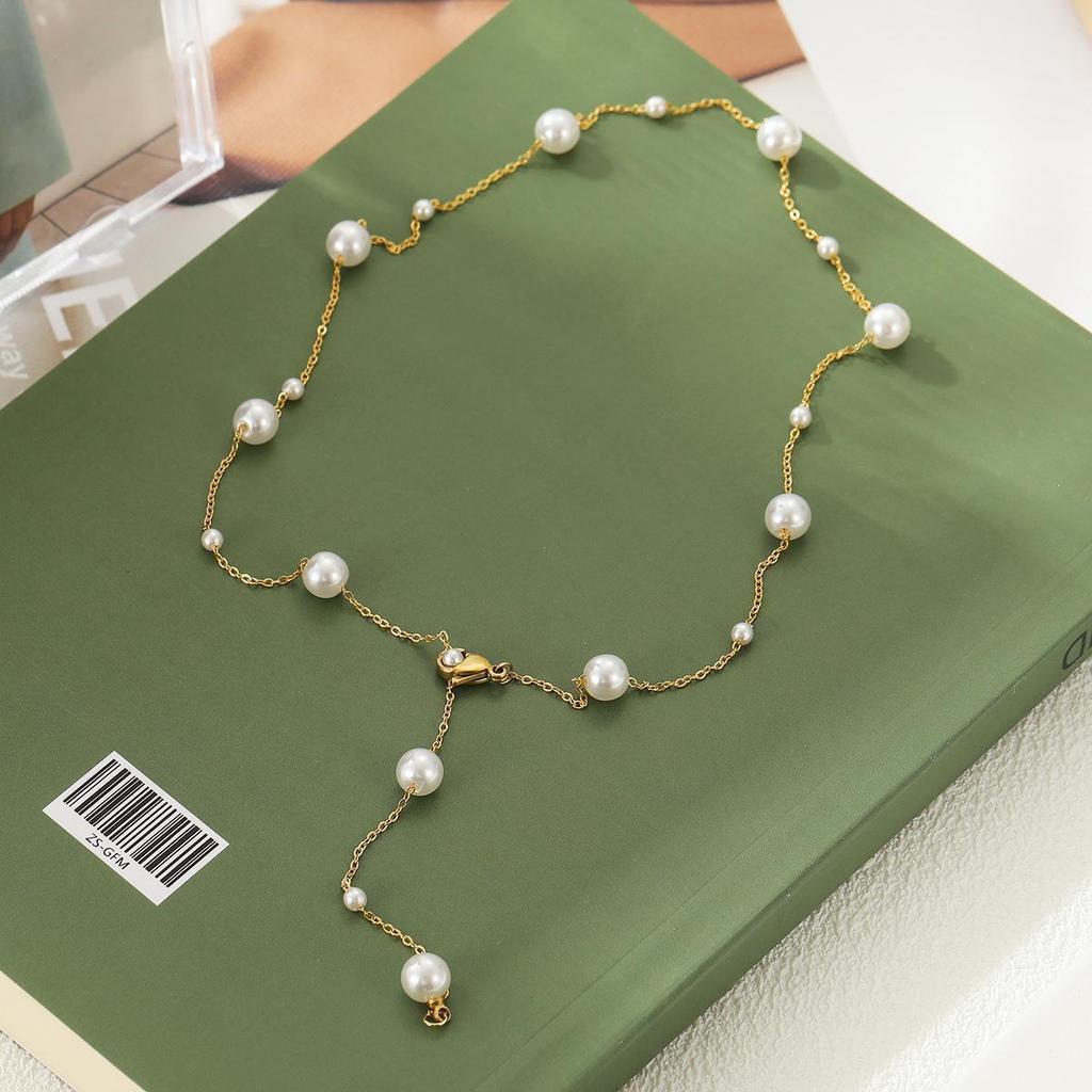 Adjustable Titanium Steel Necklace with Imitation Pearl for Women - Geometric Clavicle Chain