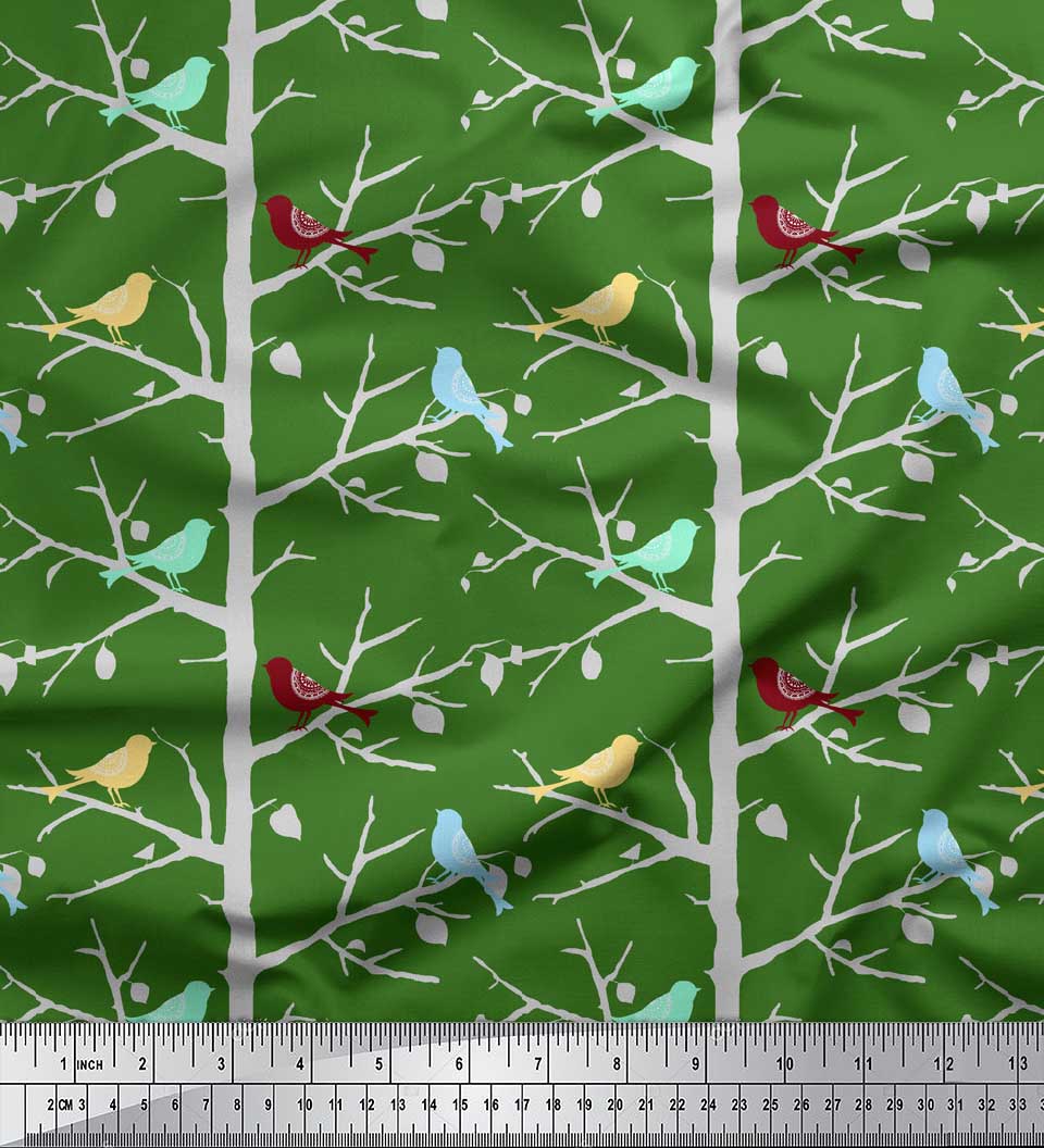 

Японська креп-атласна тканина Soimoi Blue з художнім принтом птахів і дерев, метри 42 дюйми 42 Inch Wide - Poly Crepe зелений