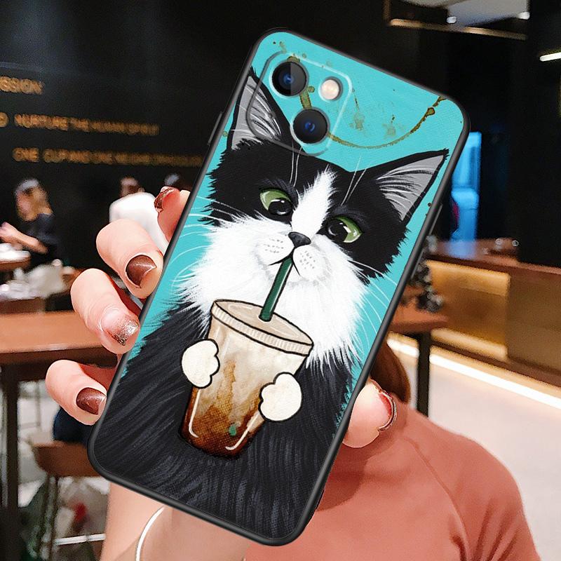 

Cute Animal Cat Coffee Phone Case For iPhone 16 Pro Max 15 14 13 12 11 Pro Max Plus 12 13 Mini XR 16e Funda Cover iPhone 12Pro MAX
