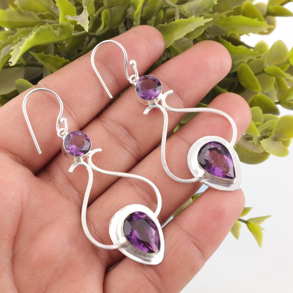 Naturlig Ametist Ädelsten 925 Sterling Silver Smycken Handgjorda Örhängen 2,07" EE-170-16