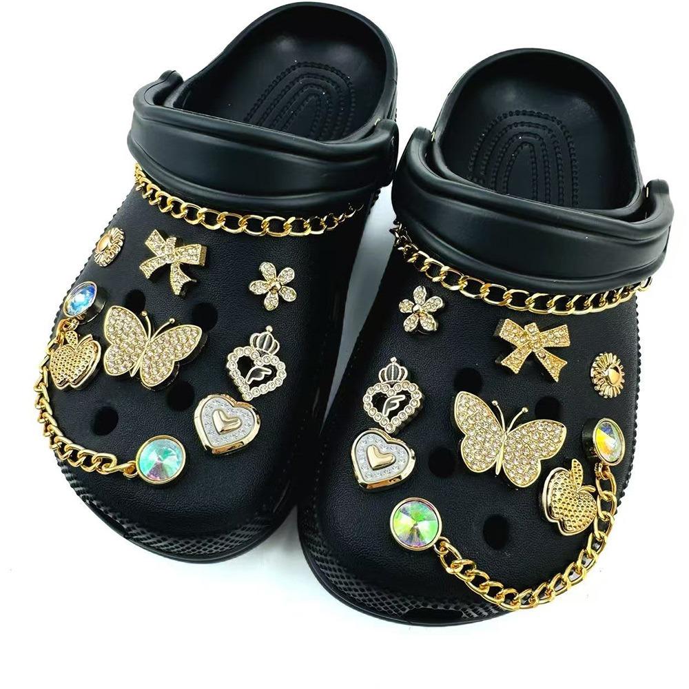18PCS Summer Luxury Shoe Charms Set Accessories for Clogs Shoe Buckle Golden Chain Diamond Butterfly Flower DIY Shoes Decoration