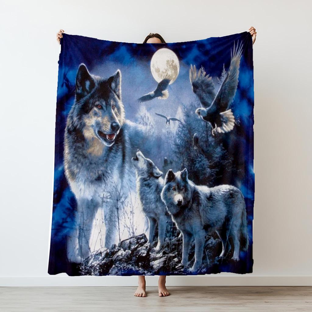 130×150cm Wolf Flannel Thin Fashion Blanket Plush Nap Sofa rug for Living Room Office Bedroom Birthday Home Travel couple Gifts