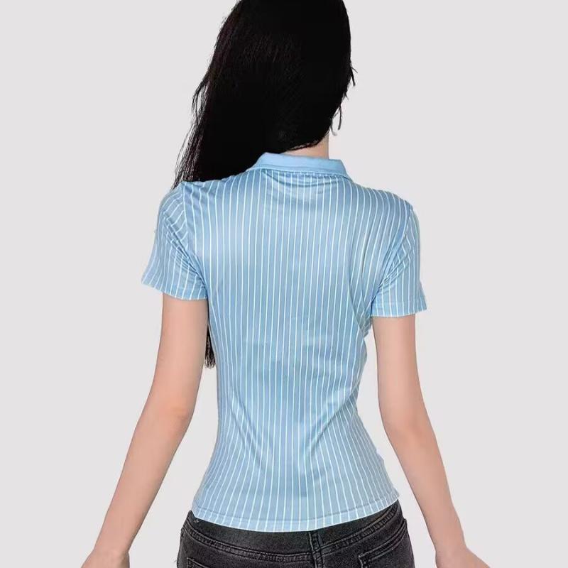 Sweetown Blue Stripe Short Sleeve Shirts For Women Button Up Turn Down Collar Slim Simple Casual Preppy Tops Basic Summer Tees