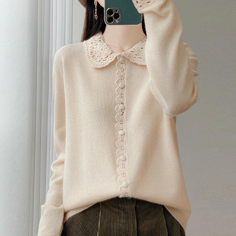 2026 Spring/Autumn Women's Crochet Lace Collar Mercerized Wool Cardigan, Machine Washable Knit Jacket.