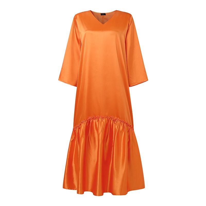 

Женское платье макси большого размера с круглым вырезом, рукавами «летучая мышь» 3/4, рюшами, свободного кроя, для вечеринок, длинное, из атласа 5XL оранжевый