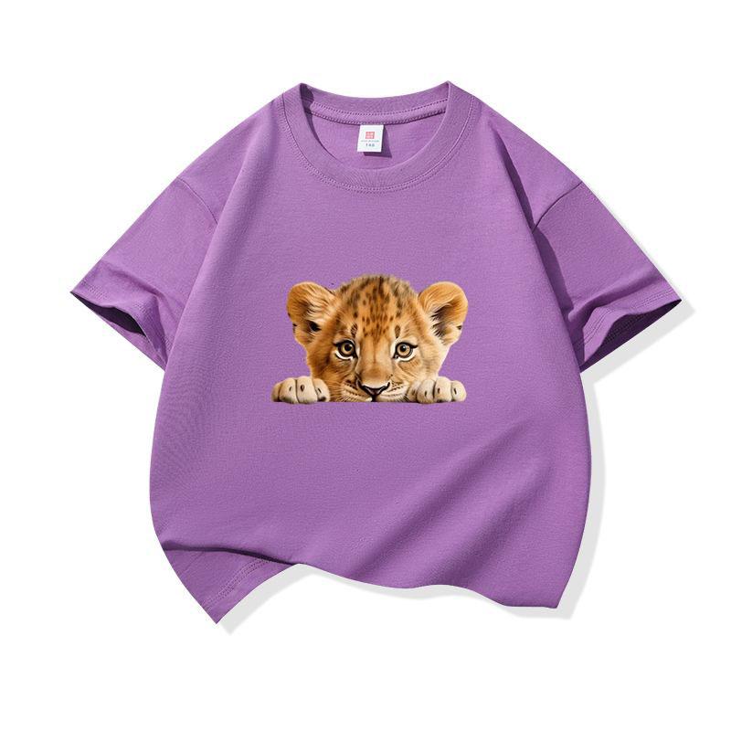 Kids Cotton T Shirt Cute Peeking Lion Cub Print Crew Neck Short Sleeve Tee Casual Breathable Boys Girls Summer Tops