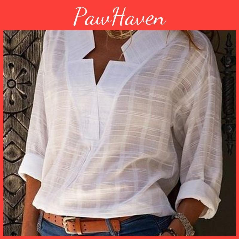 Womens Solid Spring Pink White Fall Blouses Loose Irregular V Neck Long Sleeve Tops
