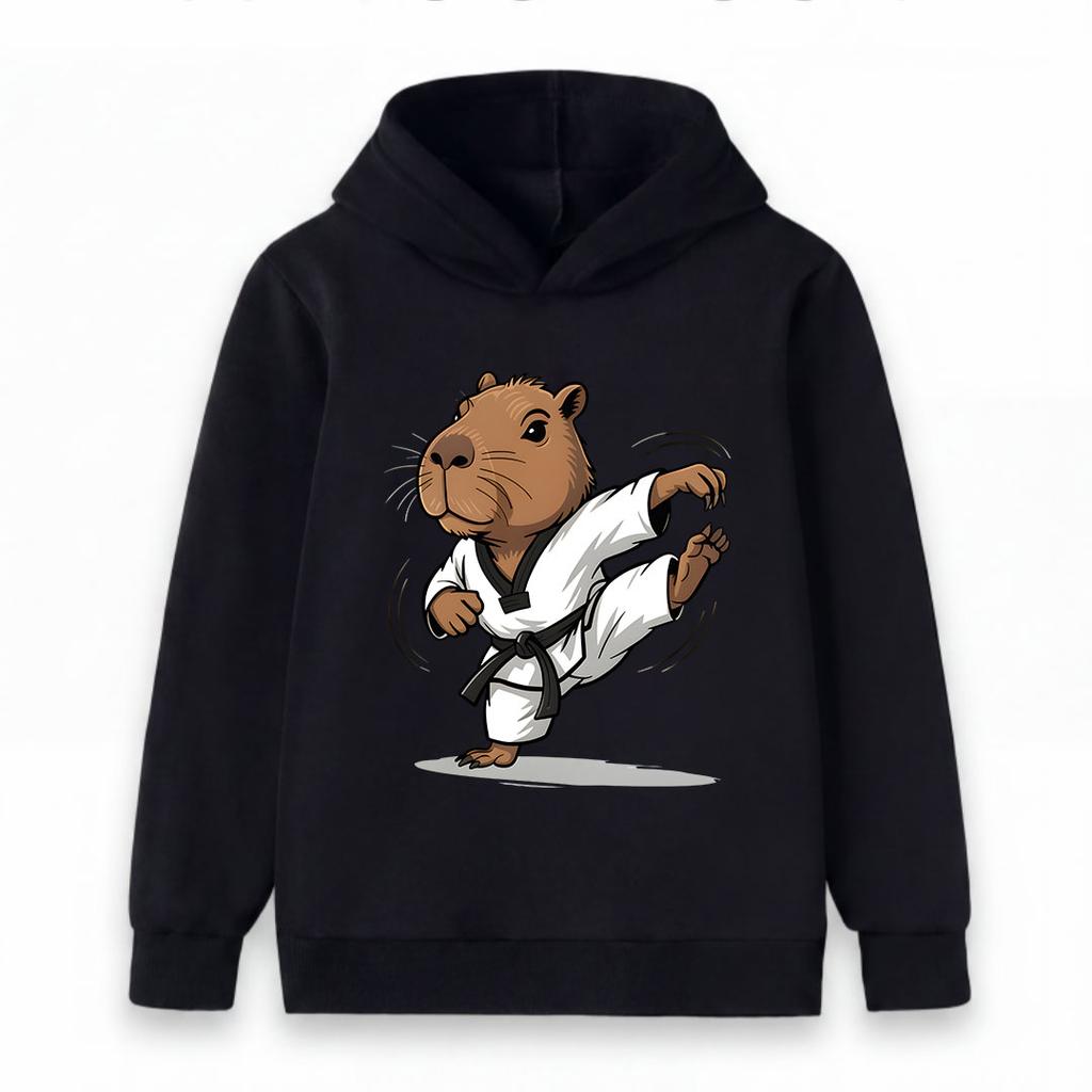 Kids Boys Girls Casual Pullover Hoodie, Funny Capybara Taekwondo Black Belt Karate Kick Cartoon Print Soft Hooded Sweatshirt for Children Daily Wear