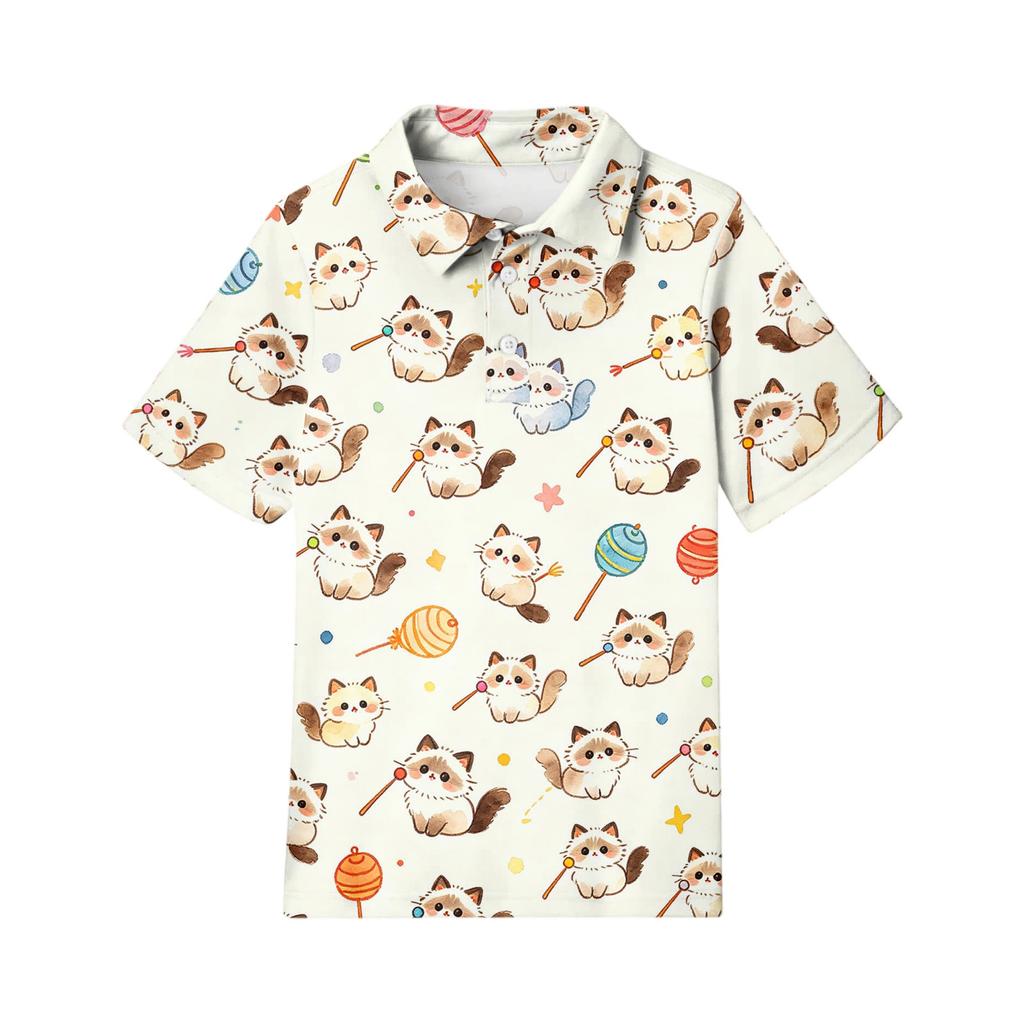 Kids Short Sleeve Polo Shirt Animal Print Casual Top Button Collar Boys Girls Lightweight Summer Tee