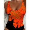 Einteiliger Badeanzug mit Blumenmuster und U-Ausschnitt in Orange und Schwarz, rückenfreier, hochelastischer, stylischer Badeanzug, Bademode und Kleidung für Damen