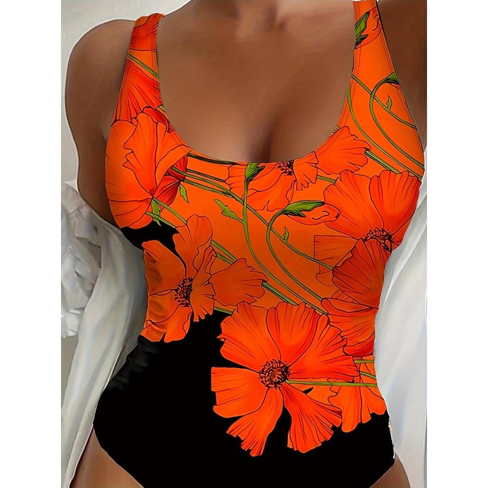Einteiliger Badeanzug mit Blumenmuster und U-Ausschnitt in Orange und Schwarz, rückenfreier, hochelastischer, stylischer Badeanzug, Bademode und Kleidung für Damen
