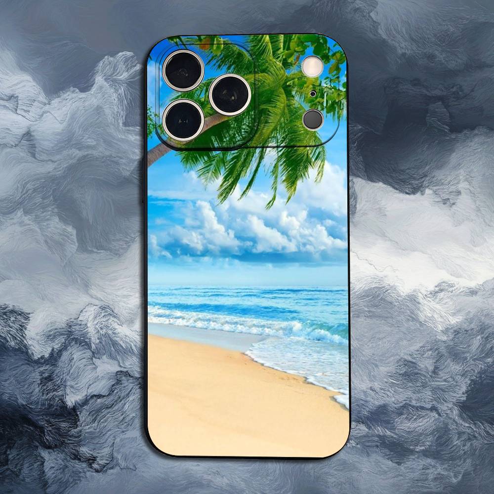 Sea Palm Trees Beach For iPhone 13,16,11,14,17,12,15,Plus,Pro Max,XS,X,XR,SE,Mini,8,7,Phone Case Soft Silicone Black