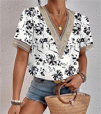 V,neck Lace,trimmed Loose,fitting Top, Elegant And Suitable For Work, Printed Short,sleeved Shirt