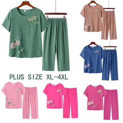 (XL-4XL) Women Loose Loungewear Short Sleeve Floral Print T-shirt Top Pants Home Outfit
