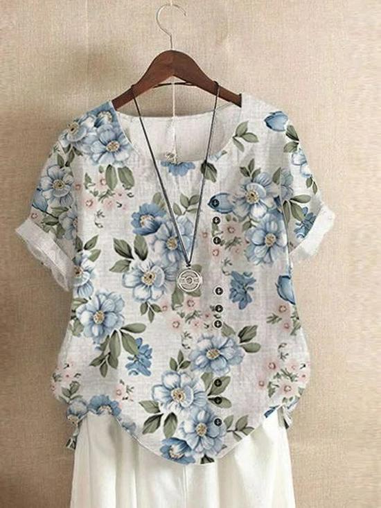 Women's 2026 Summer Retro Faux Cotton Linen Print Loose Casual Short Sleeve T-Shirt