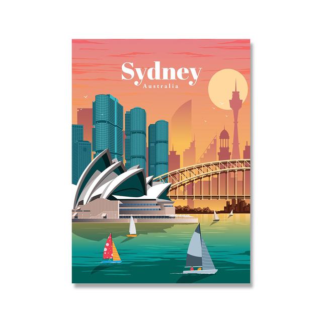 Famous City Retro Travel Poster Cartoon London New York Bali Tokyo Landscape Canvas Painting Wall Art Pictures Livingroom Decor