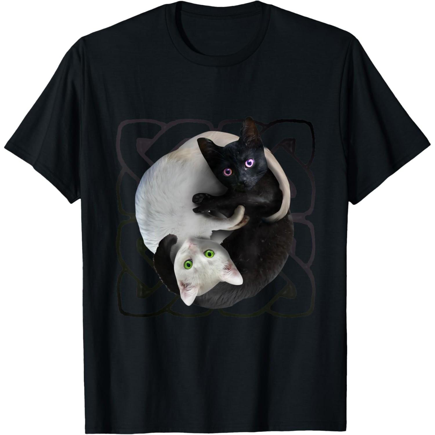 Yin Yang Cat T-Shirt Men Casual Round Neck Graphic Tee Breathable Cotton S