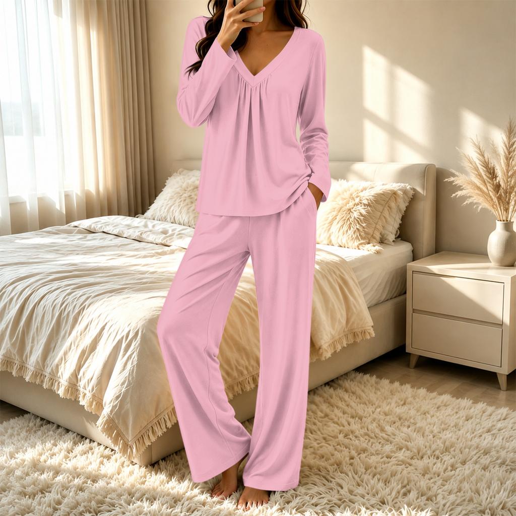Women's V-Neck Loose Fit Pajama Set with Pants - Color Casual Two-Piece Nightwear